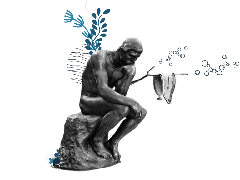 Le Penseur de Rodin revisité avec une montre molle, illustrant la réflexion et la créativité dans la communication